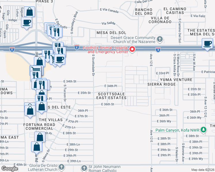 map of restaurants, bars, coffee shops, grocery stores, and more near East 34th Place in Yuma