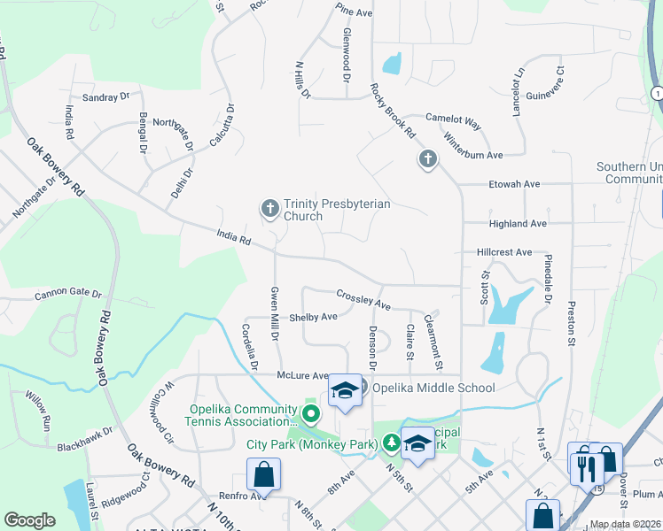 map of restaurants, bars, coffee shops, grocery stores, and more near 701-1099 India Road in Opelika