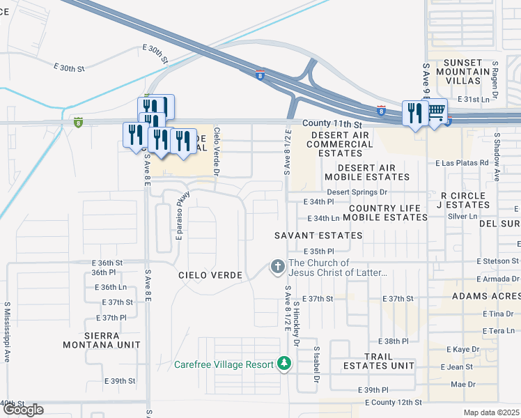 map of restaurants, bars, coffee shops, grocery stores, and more near Avenue 8 1/2 E in Yuma