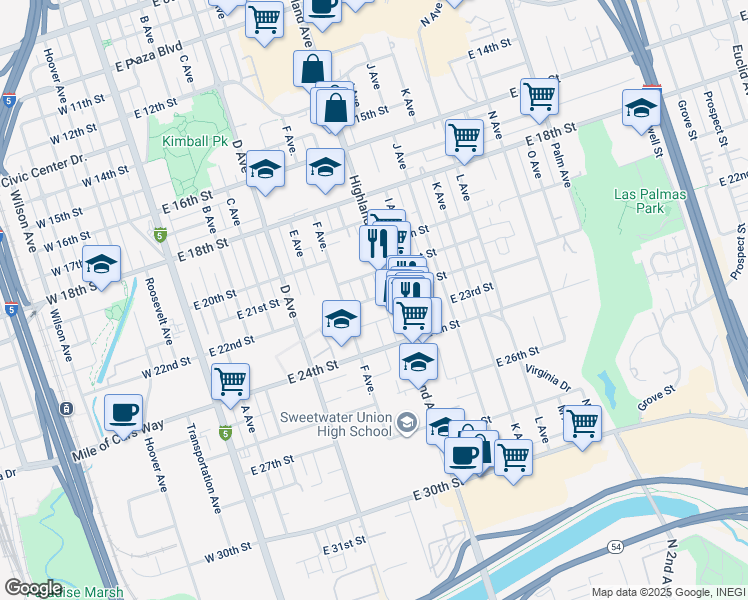 map of restaurants, bars, coffee shops, grocery stores, and more near 118 East 22nd Street in National City
