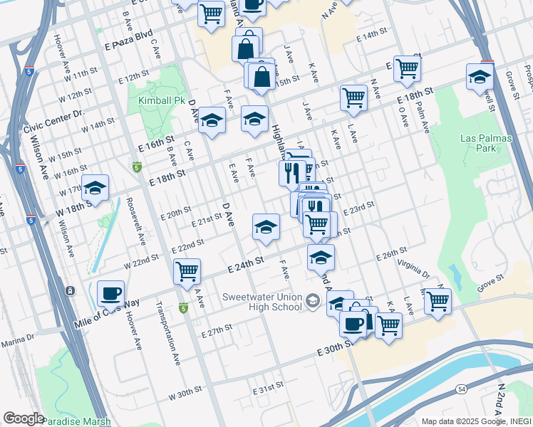 map of restaurants, bars, coffee shops, grocery stores, and more near 203 F Avenue in National City