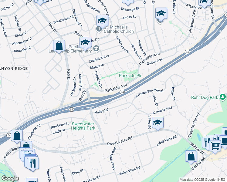 map of restaurants, bars, coffee shops, grocery stores, and more near 6137 Parkside Avenue in San Diego