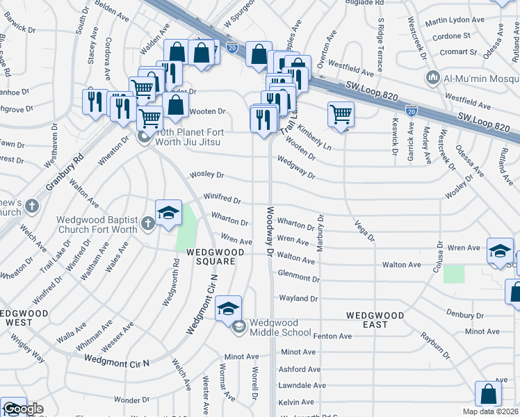 map of restaurants, bars, coffee shops, grocery stores, and more near 5504 Woodway Drive in Fort Worth