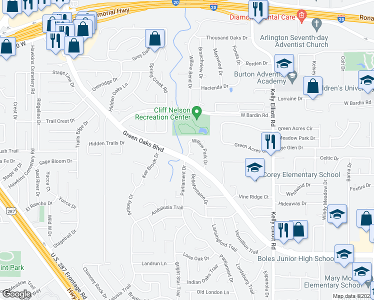 map of restaurants, bars, coffee shops, grocery stores, and more near 5008 Parliament Drive in Arlington