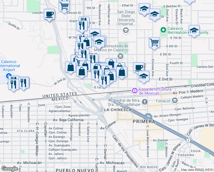 map of restaurants, bars, coffee shops, grocery stores, and more near 234 E 1st St in Calexico