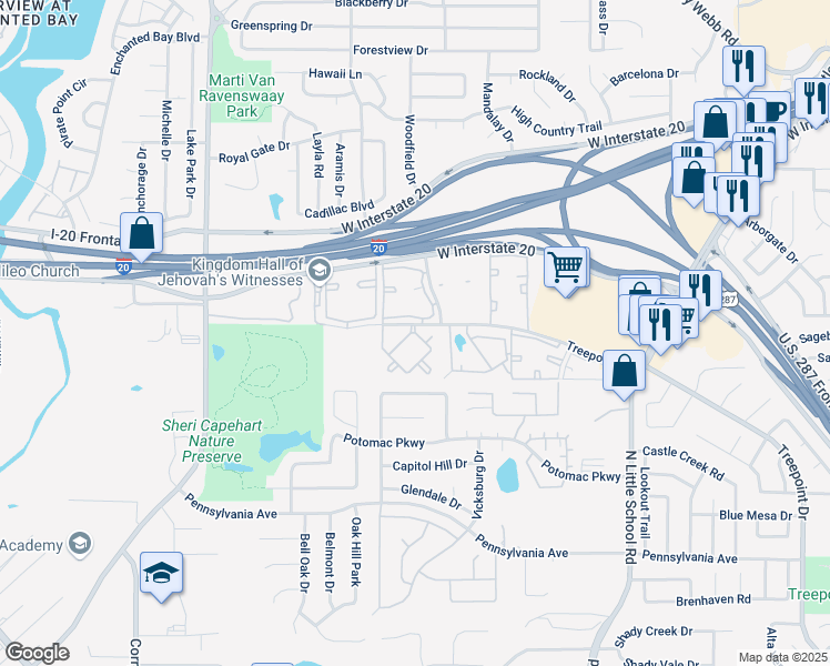 map of restaurants, bars, coffee shops, grocery stores, and more near 5003 Savannah Club Drive in Arlington