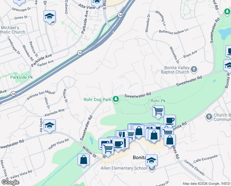 map of restaurants, bars, coffee shops, grocery stores, and more near 4233 Sweetwater Road in Bonita