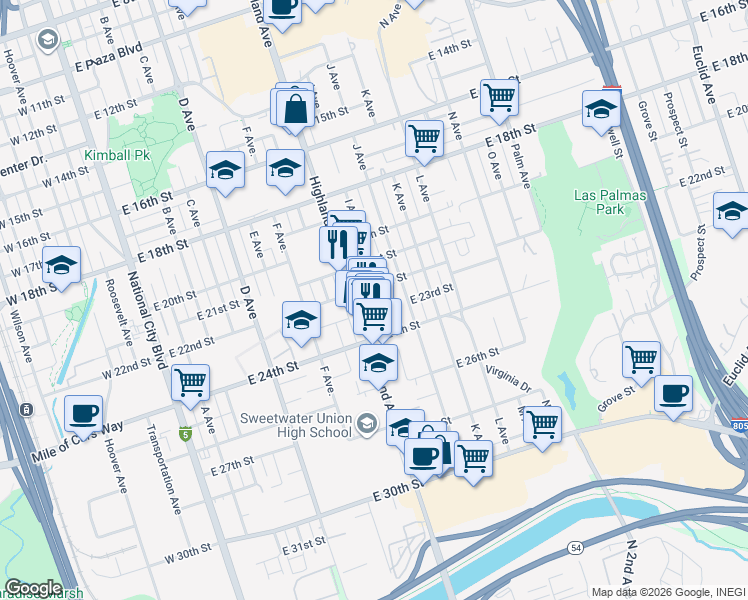 map of restaurants, bars, coffee shops, grocery stores, and more near 2240 I Avenue in National City