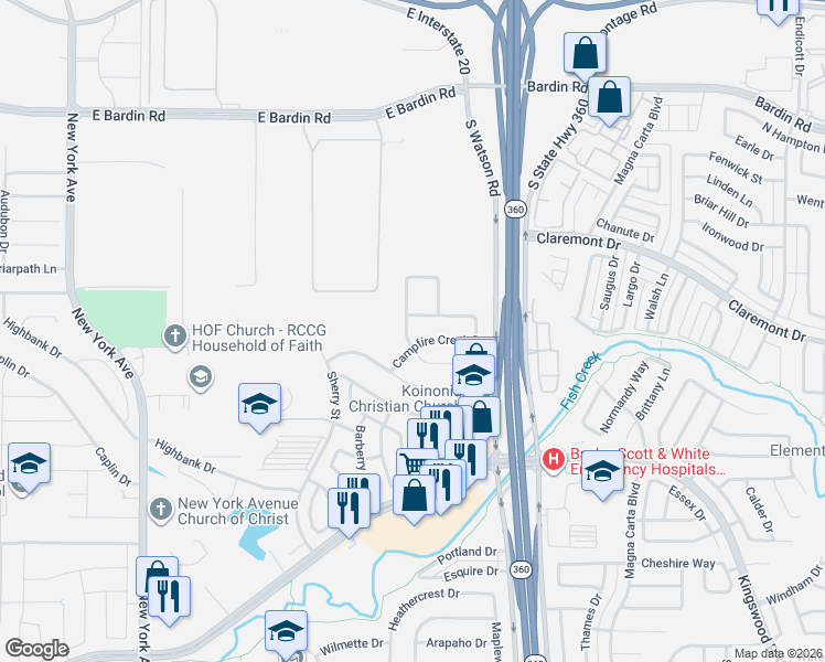 map of restaurants, bars, coffee shops, grocery stores, and more near 2415 Campfire Creek Drive in Arlington