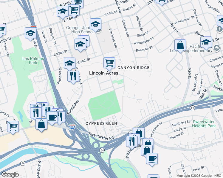 map of restaurants, bars, coffee shops, grocery stores, and more near Central Avenue in National City
