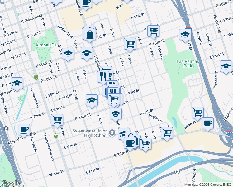 map of restaurants, bars, coffee shops, grocery stores, and more near 2240 I Avenue in National City