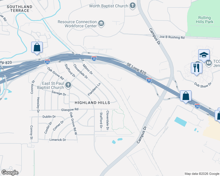 map of restaurants, bars, coffee shops, grocery stores, and more near 1533 Milmo Drive in Fort Worth
