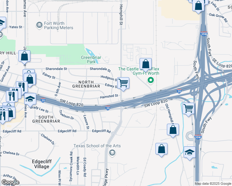 map of restaurants, bars, coffee shops, grocery stores, and more near 525 Hamsted Street in Fort Worth