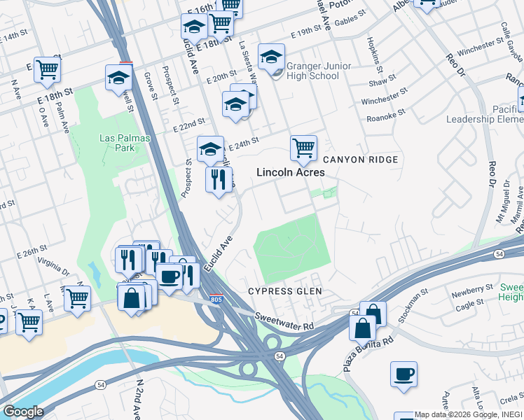 map of restaurants, bars, coffee shops, grocery stores, and more near 2560 Ridgeway Drive in National City