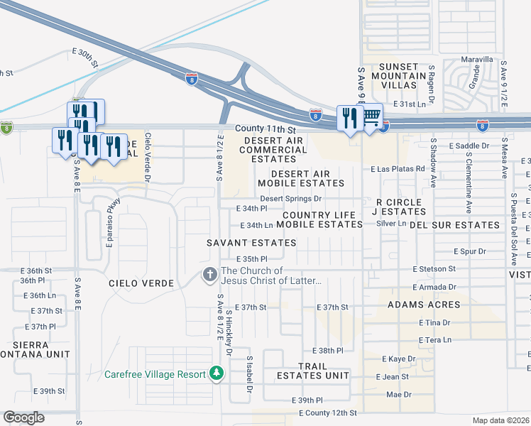 map of restaurants, bars, coffee shops, grocery stores, and more near 8658 East 34th Lane in Yuma