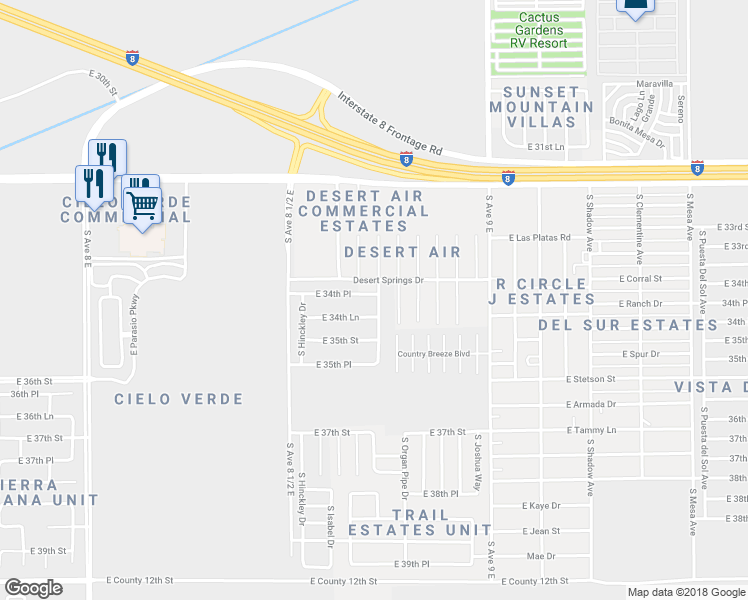 map of restaurants, bars, coffee shops, grocery stores, and more near 8747 East 34th Place in Yuma