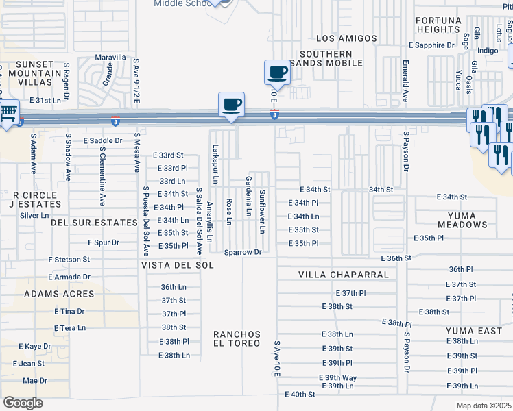 map of restaurants, bars, coffee shops, grocery stores, and more near Hibiscus Lane in Yuma