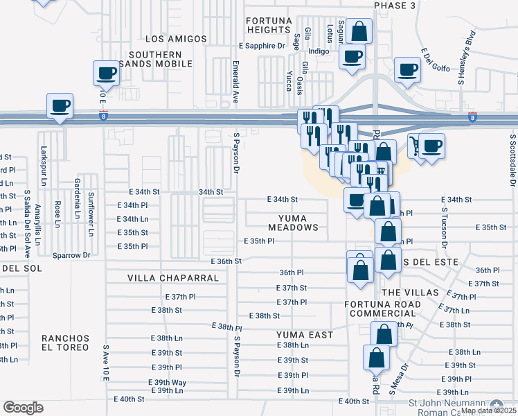 map of restaurants, bars, coffee shops, grocery stores, and more near 10570 East 34th Place in Yuma