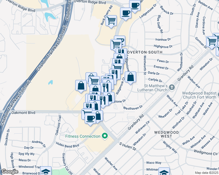 map of restaurants, bars, coffee shops, grocery stores, and more near 5729 South Hulen Street in Fort Worth
