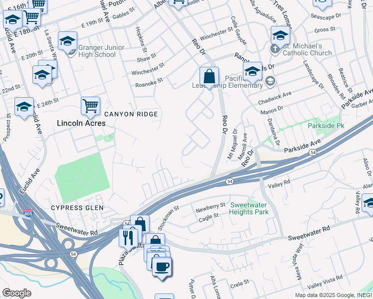 map of restaurants, bars, coffee shops, grocery stores, and more near 5696 Calle Sal Si Puedes in San Diego