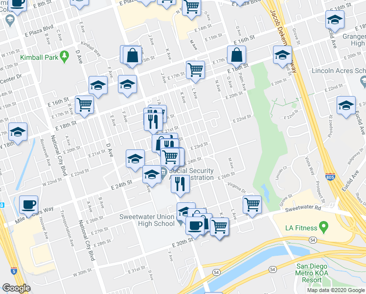 map of restaurants, bars, coffee shops, grocery stores, and more near 2218 J Avenue in National City