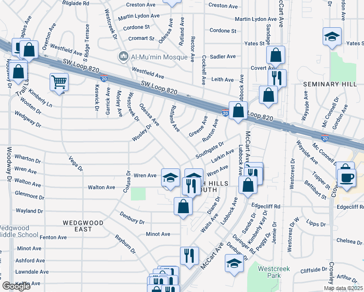 map of restaurants, bars, coffee shops, grocery stores, and more near 5613 Odessa Avenue in Fort Worth