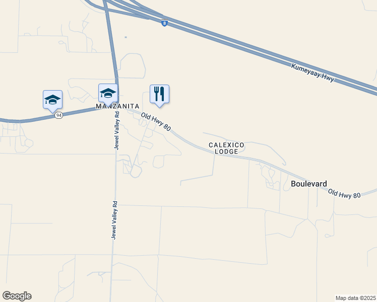 map of restaurants, bars, coffee shops, grocery stores, and more near 2181 Manzanita Lane in Boulevard