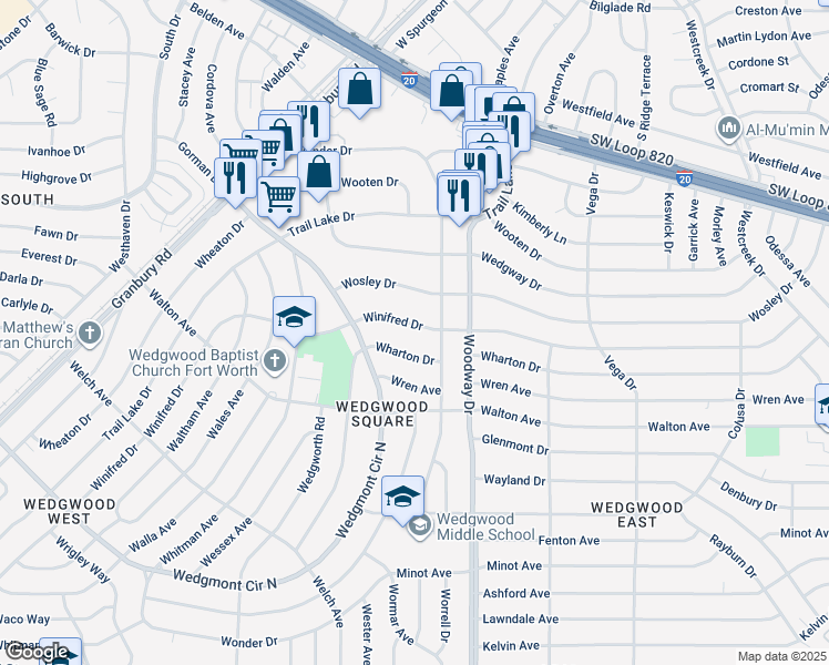 map of restaurants, bars, coffee shops, grocery stores, and more near 5504 Wonder Drive in Fort Worth