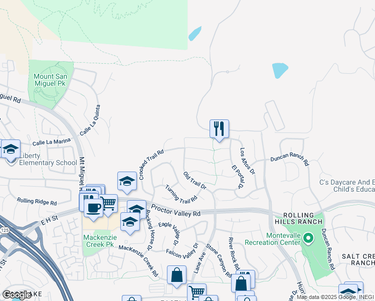 map of restaurants, bars, coffee shops, grocery stores, and more near 2536 Crooked Trail Road in Chula Vista