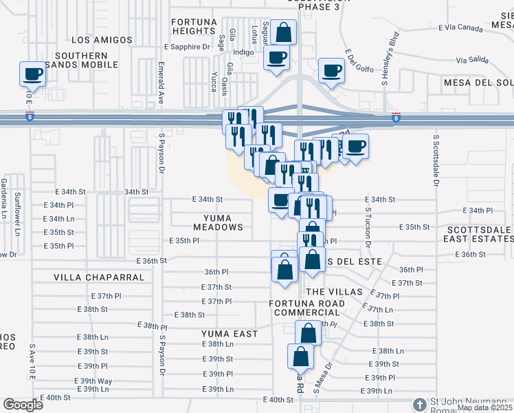 map of restaurants, bars, coffee shops, grocery stores, and more near 11367 South Kingman Avenue in Yuma