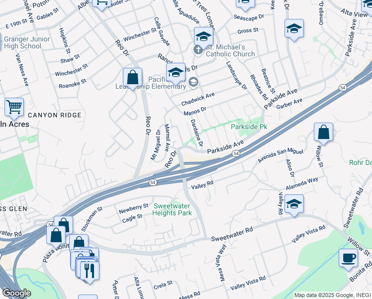 map of restaurants, bars, coffee shops, grocery stores, and more near 6035 Parkside Avenue in San Diego