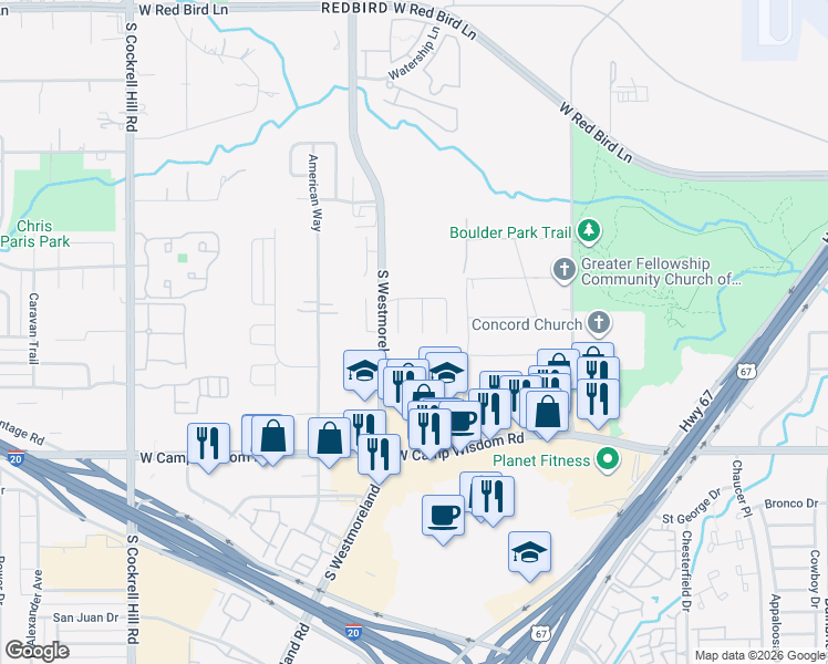 map of restaurants, bars, coffee shops, grocery stores, and more near 6833 Wilhelmina Drive in Dallas