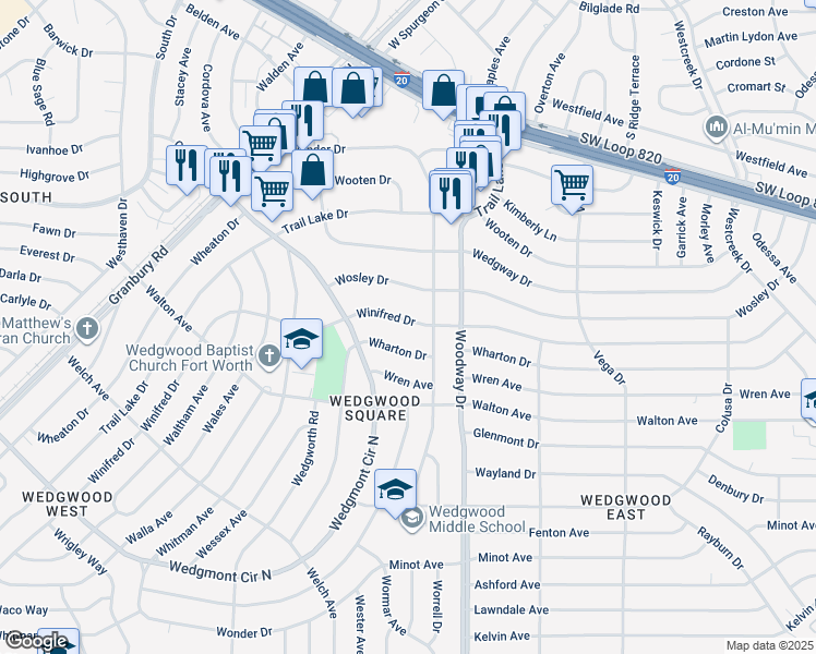map of restaurants, bars, coffee shops, grocery stores, and more near 5504 Wonder Drive in Fort Worth