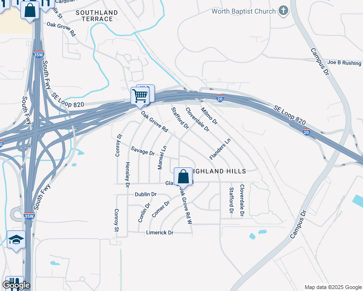 map of restaurants, bars, coffee shops, grocery stores, and more near 1401 Savage Drive in Fort Worth