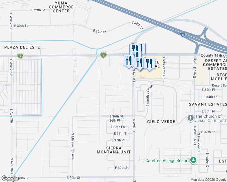 map of restaurants, bars, coffee shops, grocery stores, and more near 3325 South Avenue 8 East in Yuma