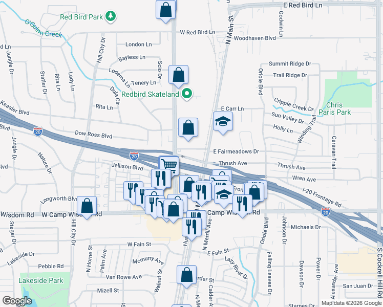 map of restaurants, bars, coffee shops, grocery stores, and more near Thrush Avenue in Duncanville