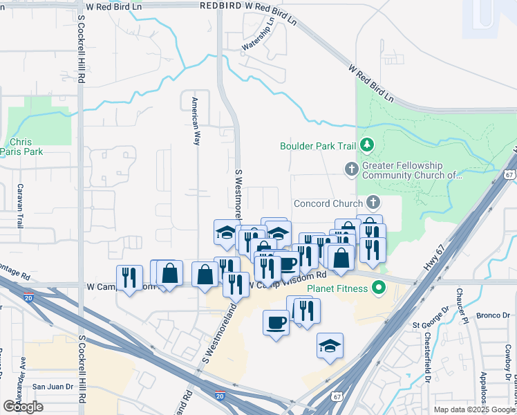 map of restaurants, bars, coffee shops, grocery stores, and more near 6833 Wilhelmina Drive in Dallas