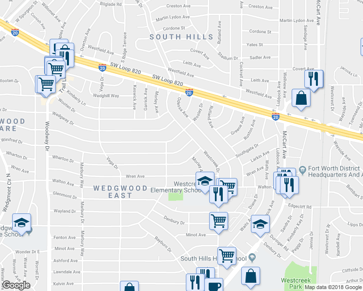 map of restaurants, bars, coffee shops, grocery stores, and more near 3412 Winifred Drive in Fort Worth