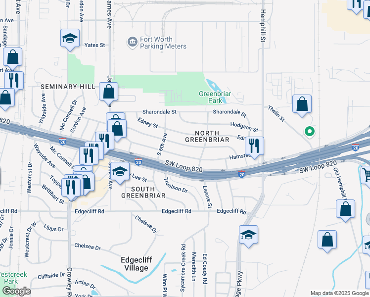 map of restaurants, bars, coffee shops, grocery stores, and more near 1212 Hamsted Street in Fort Worth