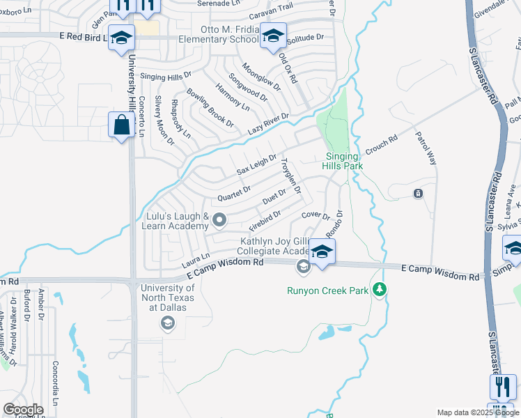 map of restaurants, bars, coffee shops, grocery stores, and more near 1502 Duet Drive in Dallas