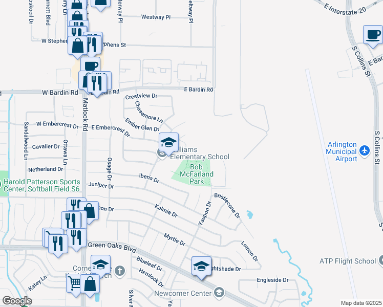 map of restaurants, bars, coffee shops, grocery stores, and more near 405 East Embercrest Drive in Arlington
