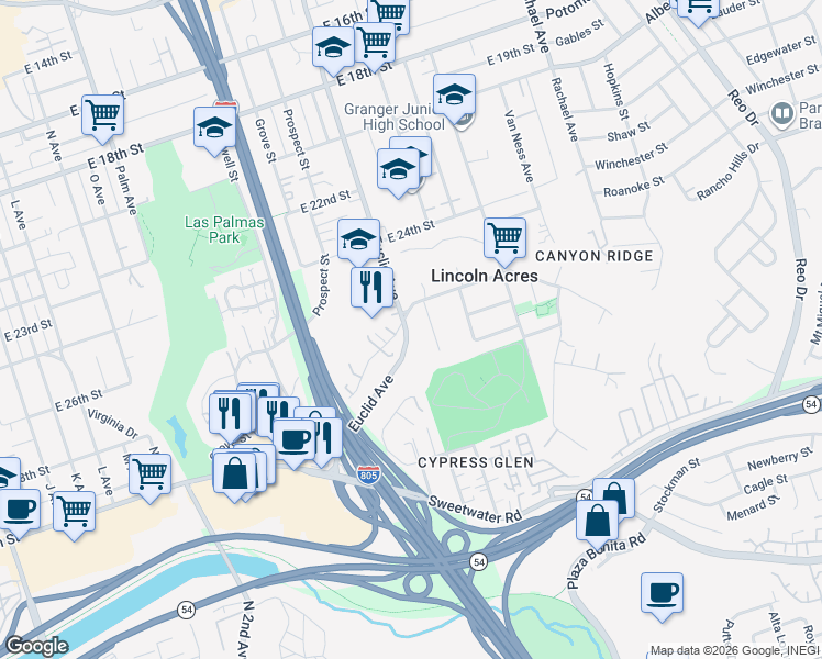 map of restaurants, bars, coffee shops, grocery stores, and more near 2560 Ridgeway Drive in National City