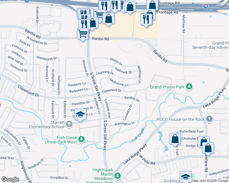 map of restaurants, bars, coffee shops, grocery stores, and more near 2517 Bentley Drive in Grand Prairie
