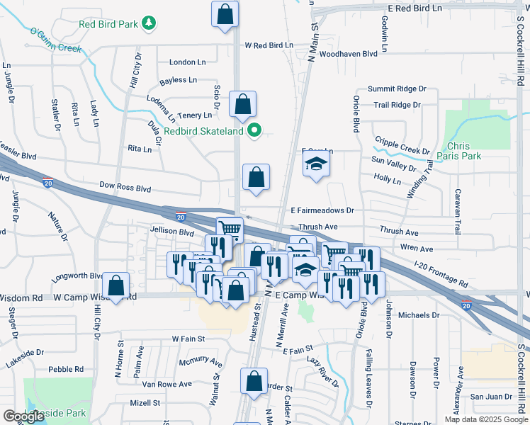 map of restaurants, bars, coffee shops, grocery stores, and more near Thrush Avenue in Duncanville