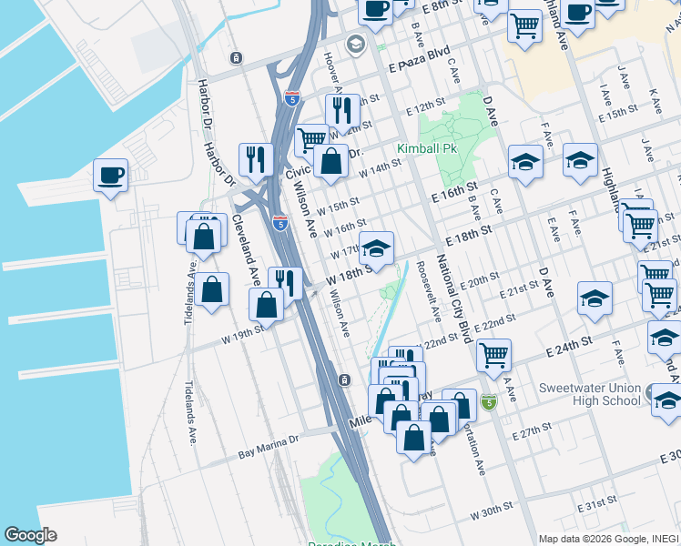 map of restaurants, bars, coffee shops, grocery stores, and more near 410 West 18th Street in National City