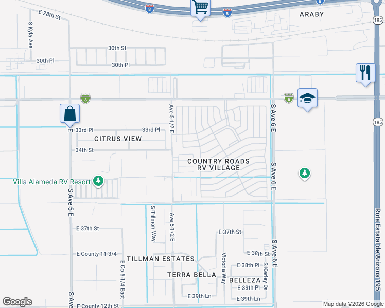 map of restaurants, bars, coffee shops, grocery stores, and more near 5577 East 34th Place in Yuma