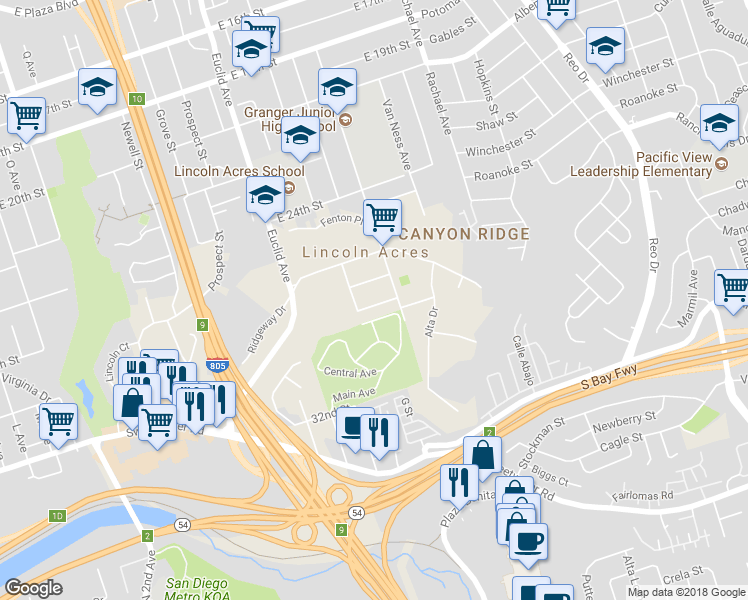 map of restaurants, bars, coffee shops, grocery stores, and more near 2737 Wilma Street in National City