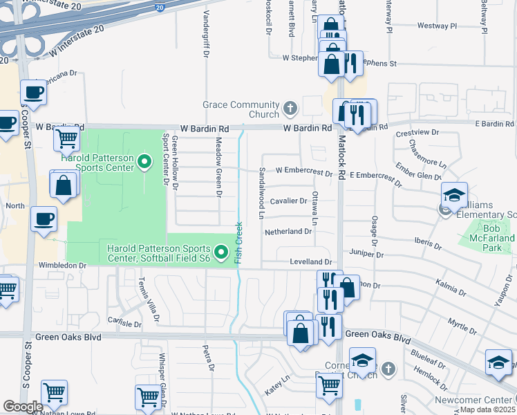 map of restaurants, bars, coffee shops, grocery stores, and more near 4920 Sandalwood Lane in Arlington