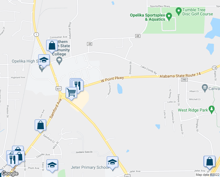 map of restaurants, bars, coffee shops, grocery stores, and more near 1501 Pinehurst Drive in Opelika
