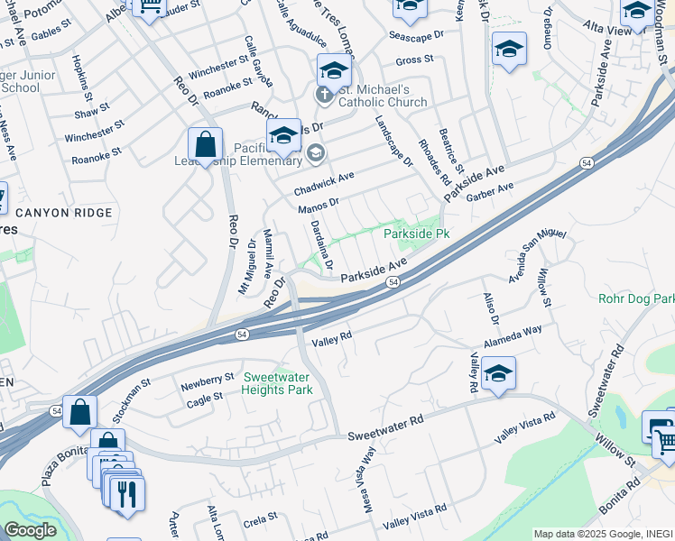 map of restaurants, bars, coffee shops, grocery stores, and more near 6101 Parkside Avenue in San Diego